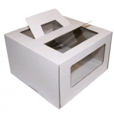 300х300х190 Картонная коробка для торта от 1 до 3 кг БЕЛАЯ (Д 15-30см) (с ручками и прозрачными окошками (кр+дно)) Россия