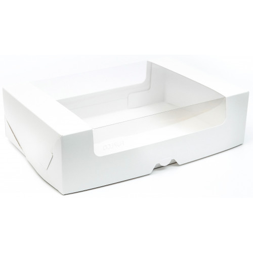 280х185х75 Коробка для пирожных самосборная с круговым окном бел/бел (Fupeco) Россия