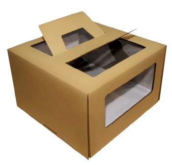 300х300х190 Картонная коробка для торта от 1 до 3 кг бур/бур (Д 15-30см) (с ручками и прозрачными окошками (кр+дно)) Россия