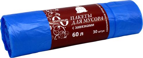 Мешки мусорные 60л (10) с завязкой в рулонах (по 30 шт) Оптимум ПНД (голубой) Россия [упаковка]