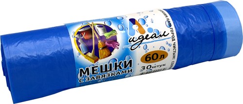 Мешки мусорные 60л 60х70 (12) с завязкой в рулонах (по 30 шт) "Идеал" (МШХ06111) (голубой) Россия [упаковка]