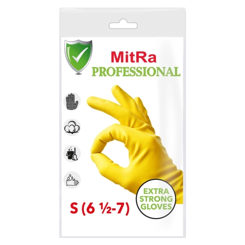 Перчатки хозяйственные латексные MitRa Professional, с х/б напылением (S) цвет Желтый (х1/144) Таиланд